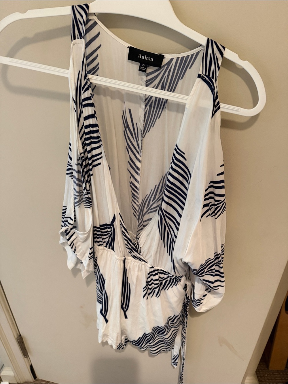 Aakaa Navy and White Palm-Stripe V-Neck Romper